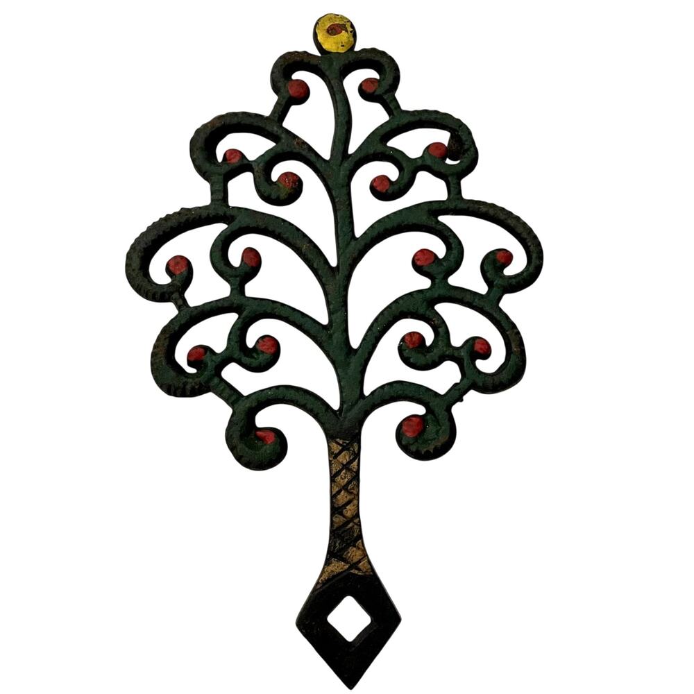 Vintage Cast Iron Family Tree Trivet John Wright Inc Painted Green Red Yellow